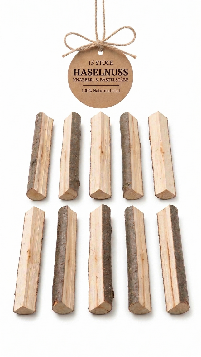 15x Haselnuss Knabberstangen – Naturäste für Kleintiere & Bastelprojekte