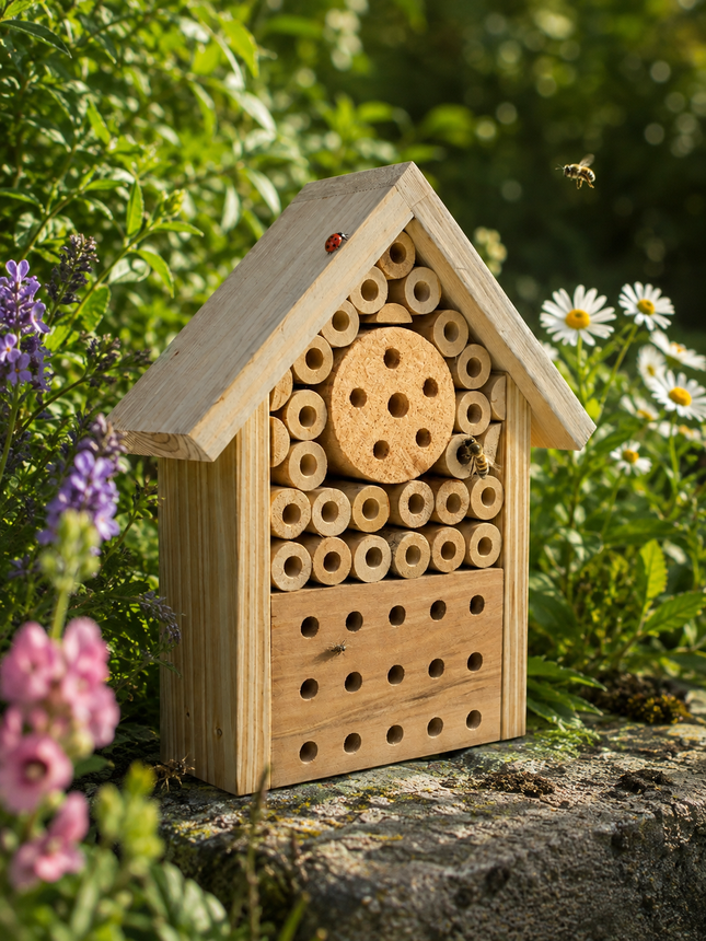 Insektenhotel aus Holz – Nist- & Rückzugshilfe für Wildbienen – 19 × 8 × 22 cm