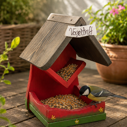 Futterhalter „Vogeltreff“ für Wildvögel – 30 × 21 × 20 cm – dekorative Vogelfutterstation aus Holz