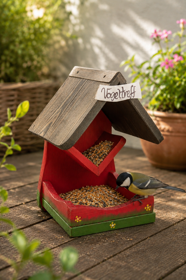 Futterhalter „Vogeltreff“ für Wildvögel – 30 × 21 × 20 cm – dekorative Vogelfutterstation aus Holz